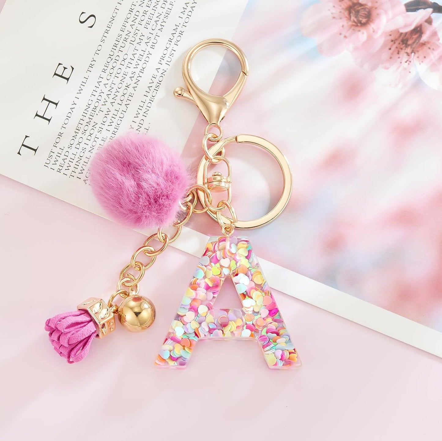 Resin Alphabet Initial Letter Keychain Keyring for Women Purse Handbags with Fur Ball Pom