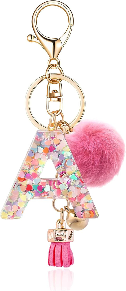 Resin Alphabet Initial Letter Keychain Keyring for Women Purse Handbags with Fur Ball Pom