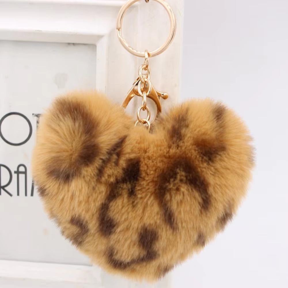 Plush Rex Rabbit Fur Heart Pom-Pom Keychain - Cute Bag Purse Charm - Ring Fluffy Fur Ball - Fashion Gift (Leopard)