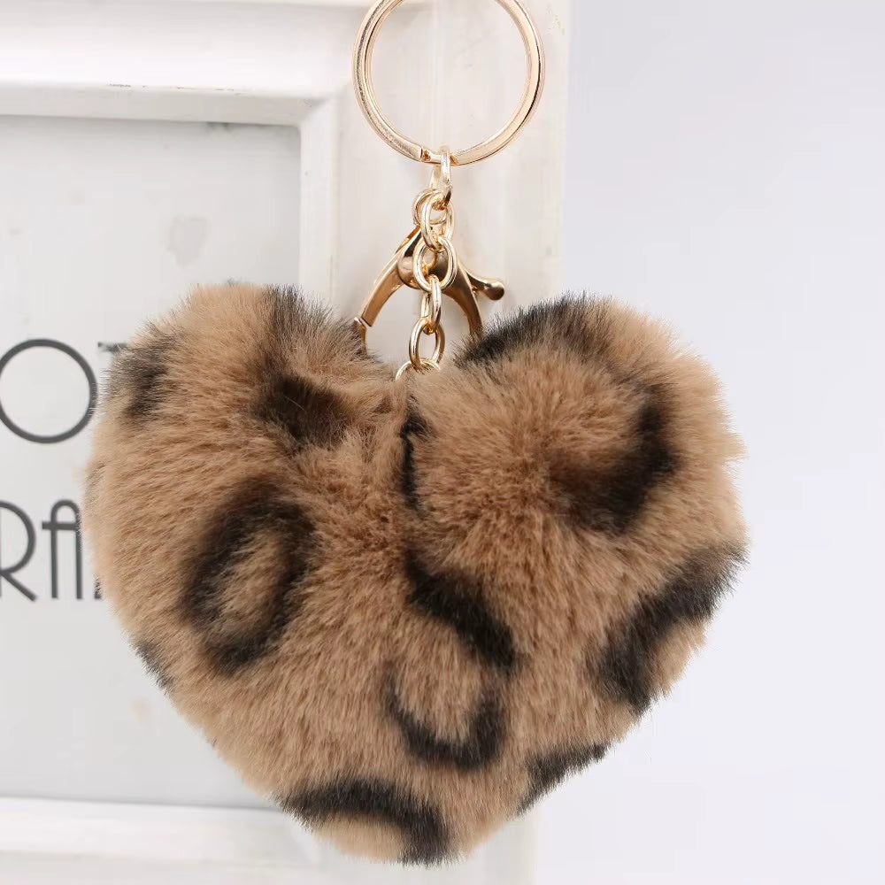 Plush Rex Rabbit Fur Heart Pom-Pom Keychain - Cute Bag Purse Charm - Ring Fluffy Fur Ball - Fashion Gift (Leopard)