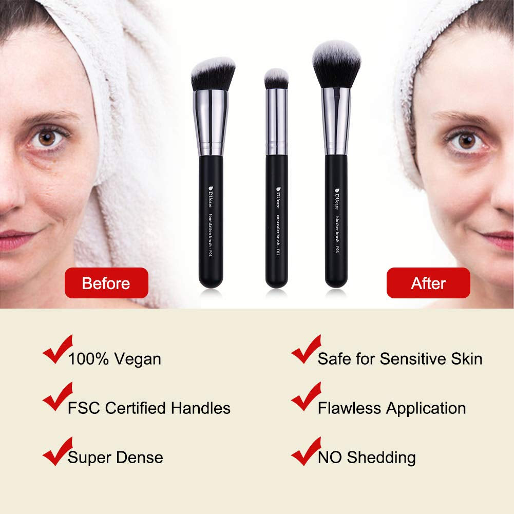 Makeup Kabuki Brushes 3Pcs Foundation Contour Brush& Concealer Brush under Eye& Blusher Brush Face Blush Bronzer Travel Buffing Stippling Contour Liquid Blending Makeup Brush Set Black