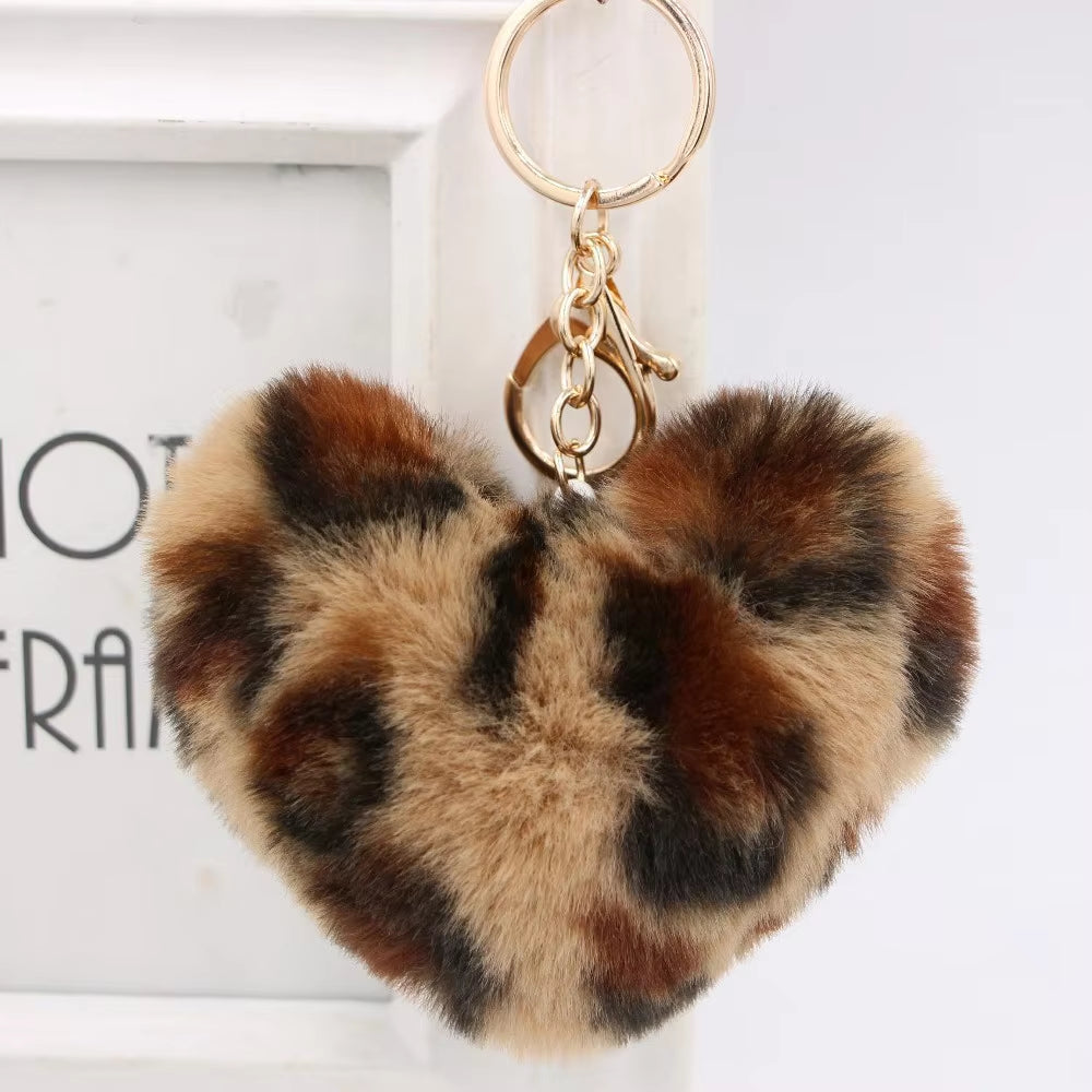 Plush Rex Rabbit Fur Heart Pom-Pom Keychain - Cute Bag Purse Charm - Ring Fluffy Fur Ball - Fashion Gift (Leopard)