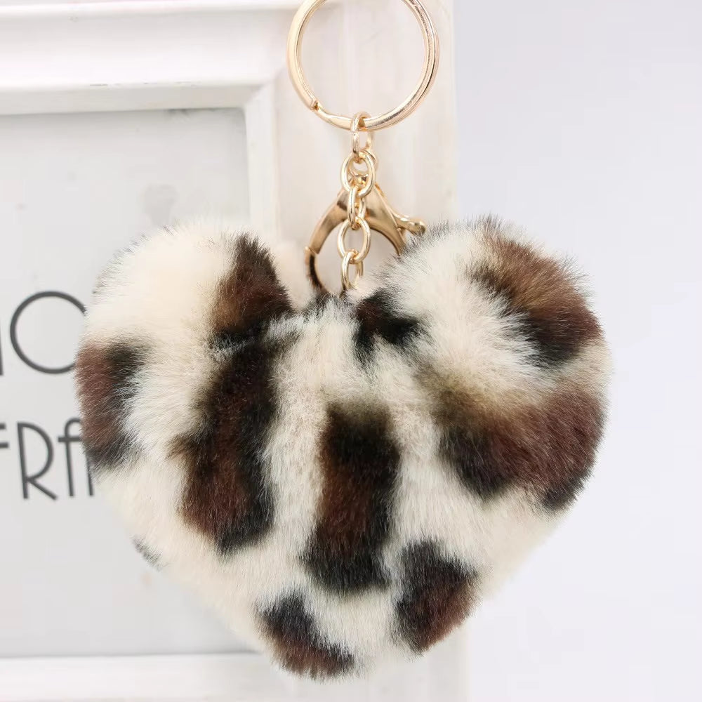 Plush Rex Rabbit Fur Heart Pom-Pom Keychain - Cute Bag Purse Charm - Ring Fluffy Fur Ball - Fashion Gift (Leopard)