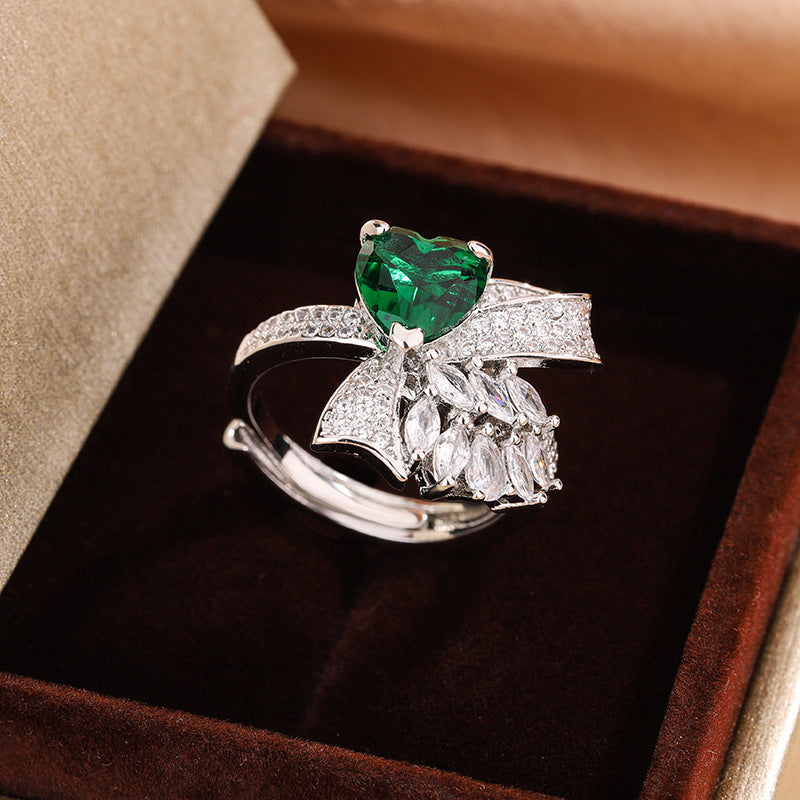 European And American Love Colored Gems High-grade Emerald Bow Open Ring