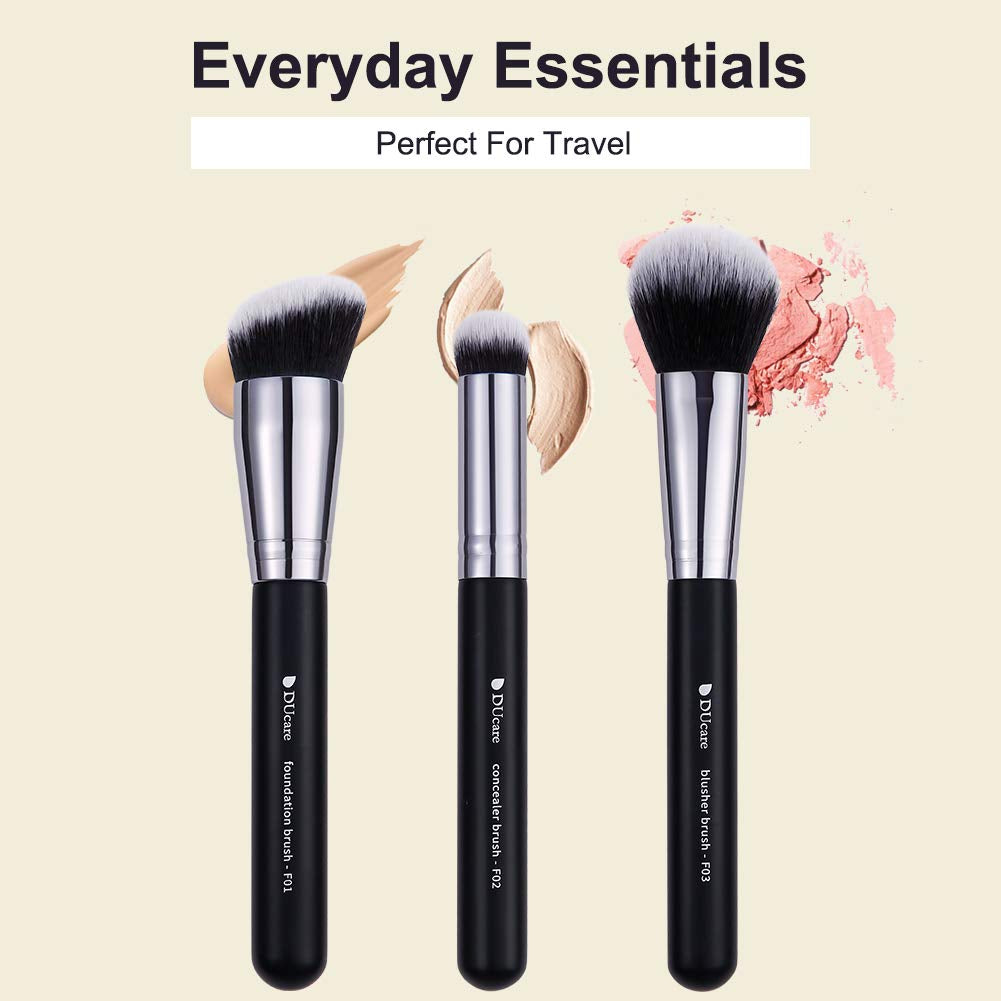 Makeup Kabuki Brushes 3Pcs Foundation Contour Brush& Concealer Brush under Eye& Blusher Brush Face Blush Bronzer Travel Buffing Stippling Contour Liquid Blending Makeup Brush Set Black