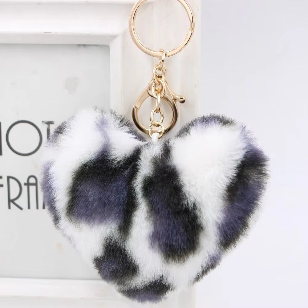 Plush Rex Rabbit Fur Heart Pom-Pom Keychain - Cute Bag Purse Charm - Ring Fluffy Fur Ball - Fashion Gift (Leopard)