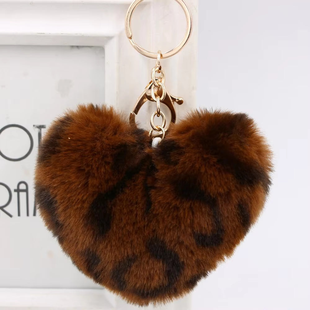 Plush Rex Rabbit Fur Heart Pom-Pom Keychain - Cute Bag Purse Charm - Ring Fluffy Fur Ball - Fashion Gift (Leopard)