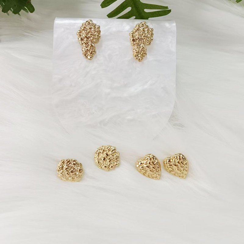 Golden Textured Stud Earrings Set - Classic And  Timeless Jewelry For Everyday Wear