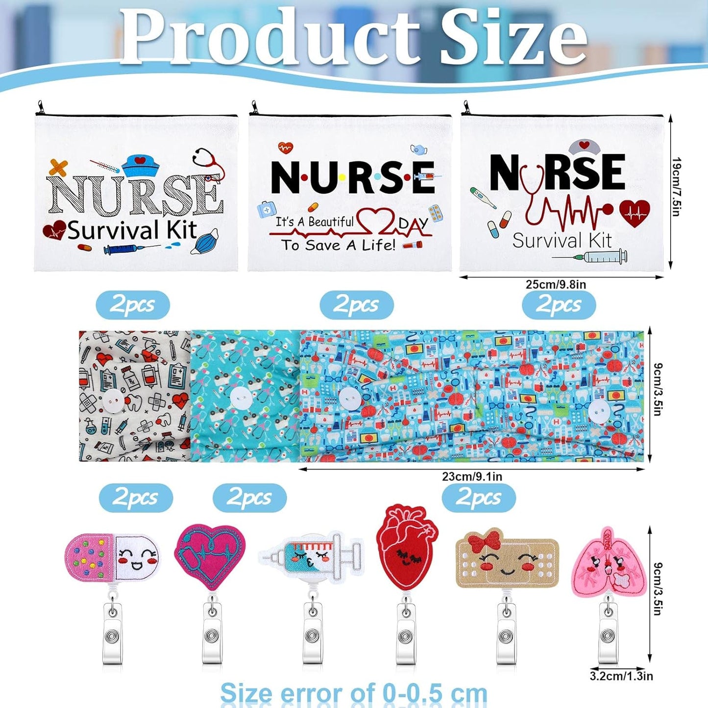 18 Pcs Christmas Nurse Gifts Survival Kit Nurse Gift for Women Xmas Nurse Appreciation Gifts 6 Nurse Cosmetic Bag 6 Nurse Badge Reel Retractable 6 Nursing Headbands with Buttons(Stylish Style)