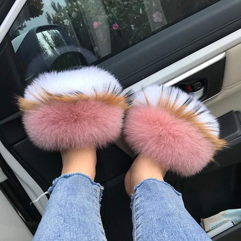 Summer Real Fur Slippers Ladies Indoor Furry Fur Flip Flops Women Plush Fox Fur Slides For Women House Shoes Woman Slipper Beach