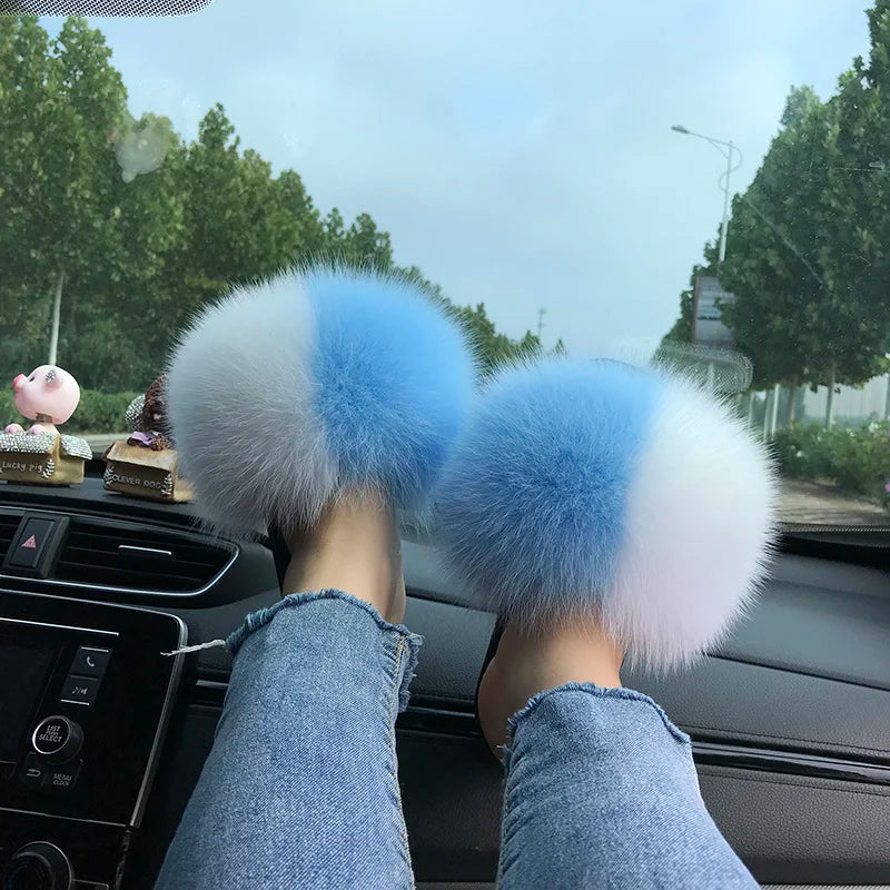 Summer Real Fur Slippers Ladies Indoor Furry Fur Flip Flops Women Plush Fox Fur Slides For Women House Shoes Woman Slipper Beach