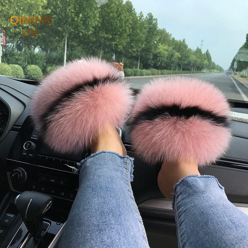 Summer Real Fur Slippers Ladies Indoor Furry Fur Flip Flops Women Plush Fox Fur Slides For Women House Shoes Woman Slipper Beach