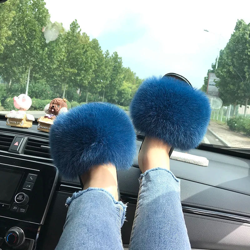 Summer Real Fur Slippers Ladies Indoor Furry Fur Flip Flops Women Plush Fox Fur Slides For Women House Shoes Woman Slipper Beach