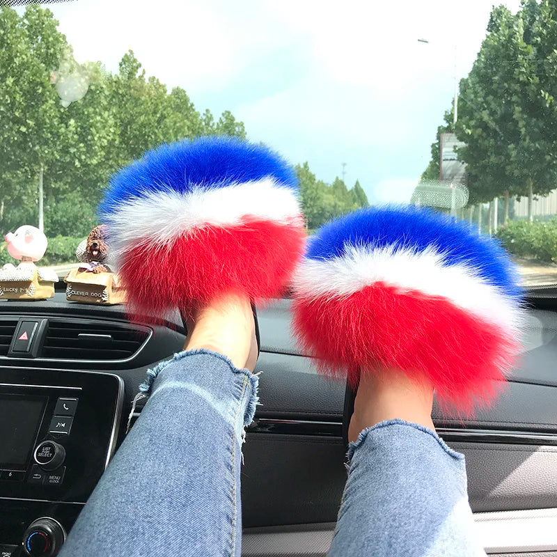 Summer Real Fur Slippers Ladies Indoor Furry Fur Flip Flops Women Plush Fox Fur Slides For Women House Shoes Woman Slipper Beach