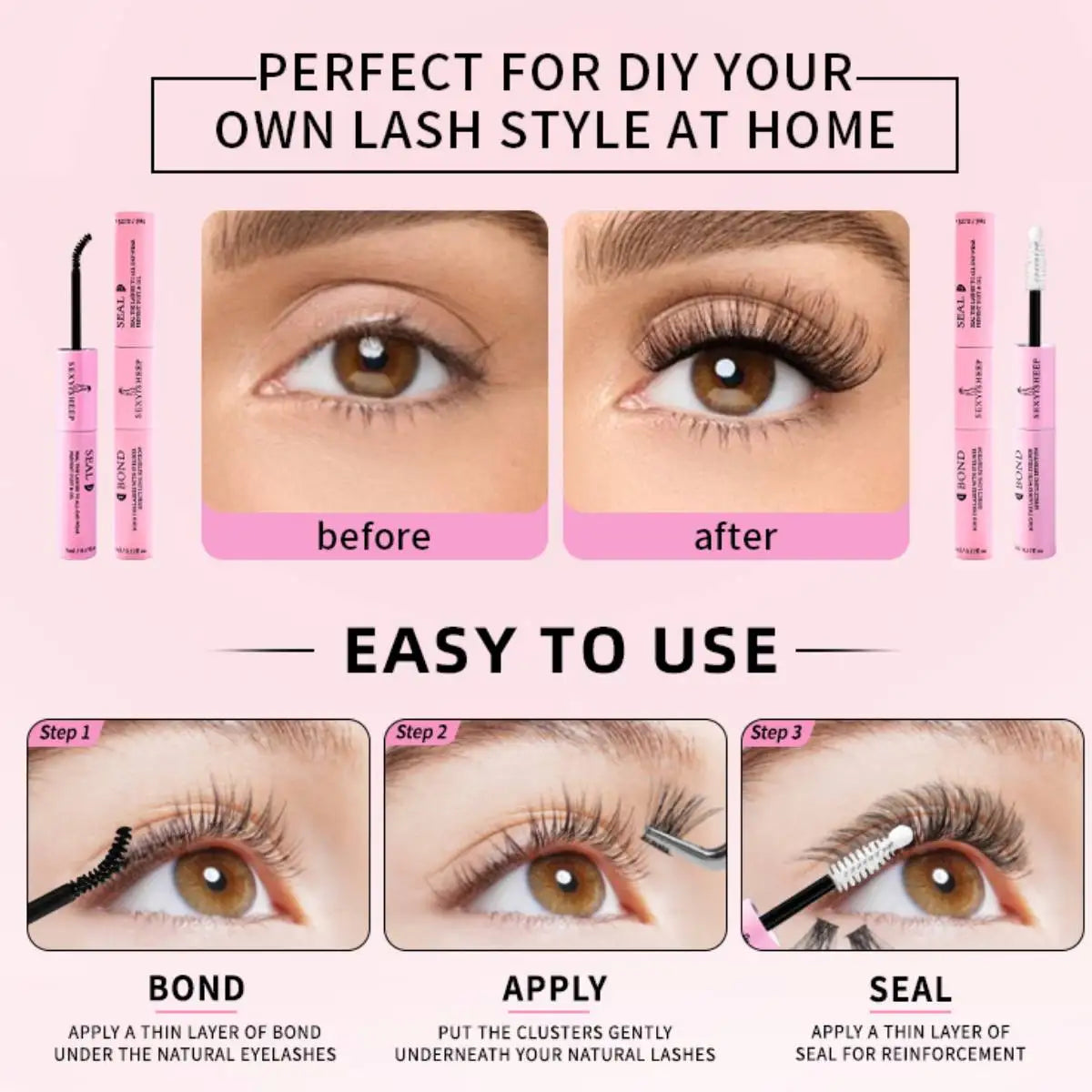 Eyelash Glue and Seal for Eyelash Clusters Strong Fixed  Eyelash Glue Lasting 48H 2 in 1(5ml Black Glue + 5ml Clear Seal)