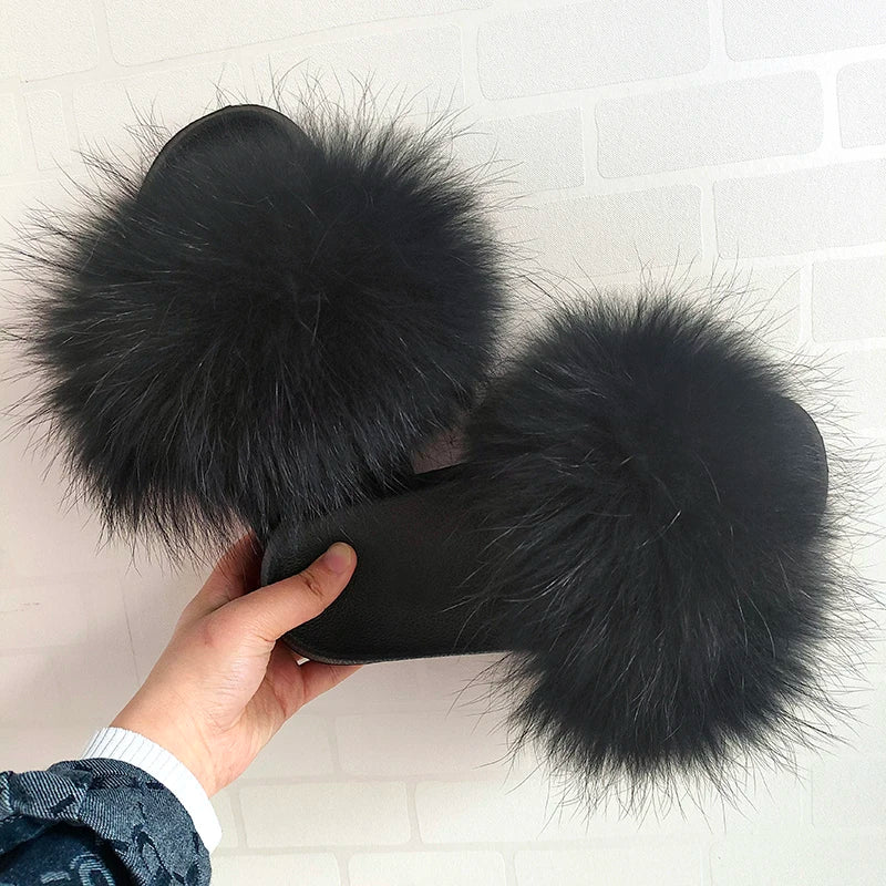 Summer Real Fur Slippers Ladies Indoor Furry Fur Flip Flops Women Plush Fox Fur Slides For Women House Shoes Woman Slipper Beach