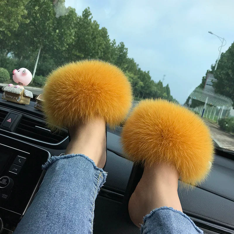 Summer Real Fur Slippers Ladies Indoor Furry Fur Flip Flops Women Plush Fox Fur Slides For Women House Shoes Woman Slipper Beach