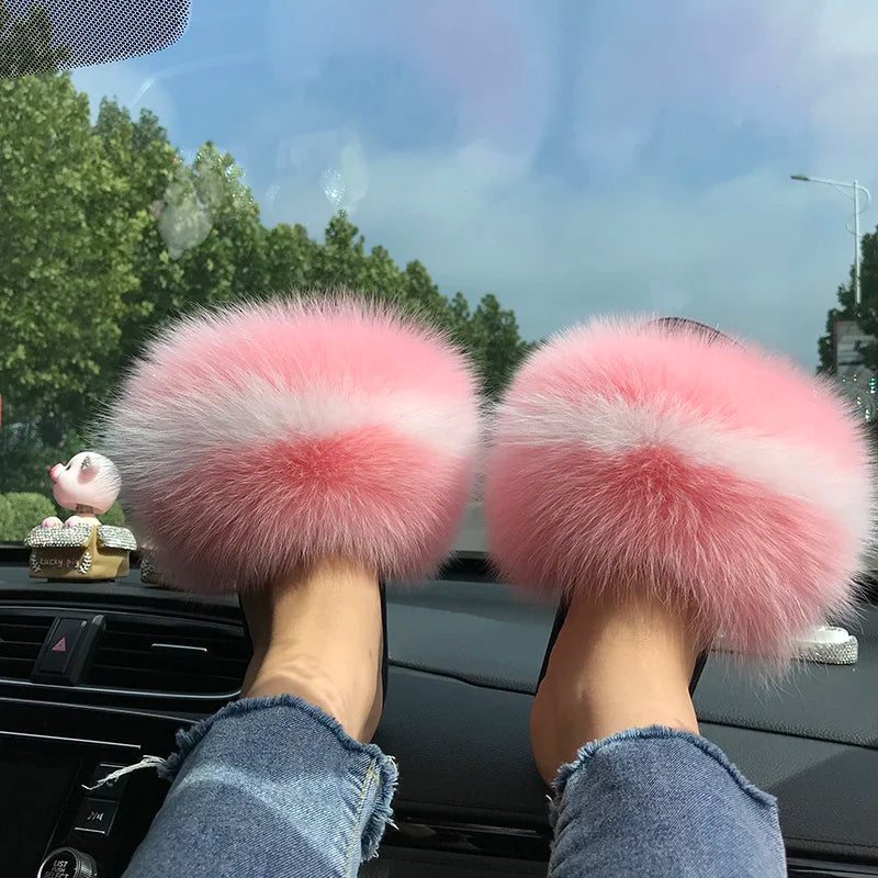 Summer Real Fur Slippers Ladies Indoor Furry Fur Flip Flops Women Plush Fox Fur Slides For Women House Shoes Woman Slipper Beach