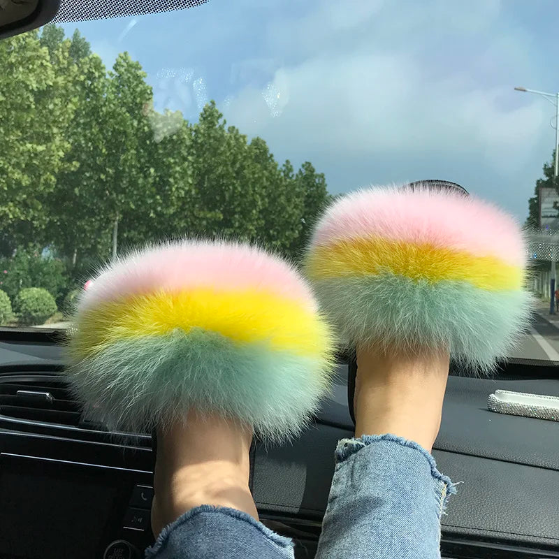 Summer Real Fur Slippers Ladies Indoor Furry Fur Flip Flops Women Plush Fox Fur Slides For Women House Shoes Woman Slipper Beach