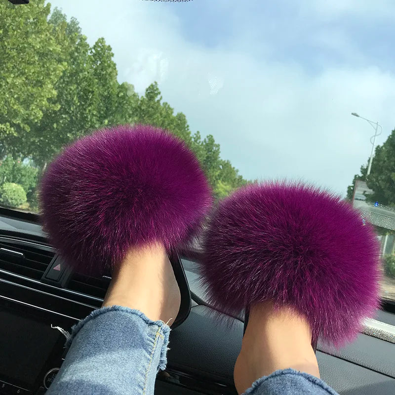 Summer Real Fur Slippers Ladies Indoor Furry Fur Flip Flops Women Plush Fox Fur Slides For Women House Shoes Woman Slipper Beach