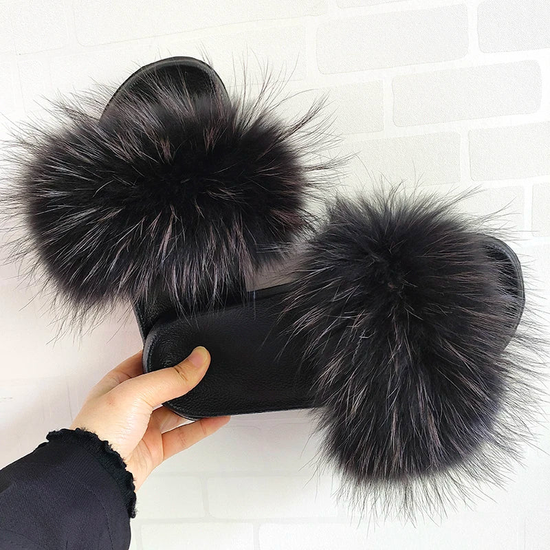 Summer Real Fur Slippers Ladies Indoor Furry Fur Flip Flops Women Plush Fox Fur Slides For Women House Shoes Woman Slipper Beach