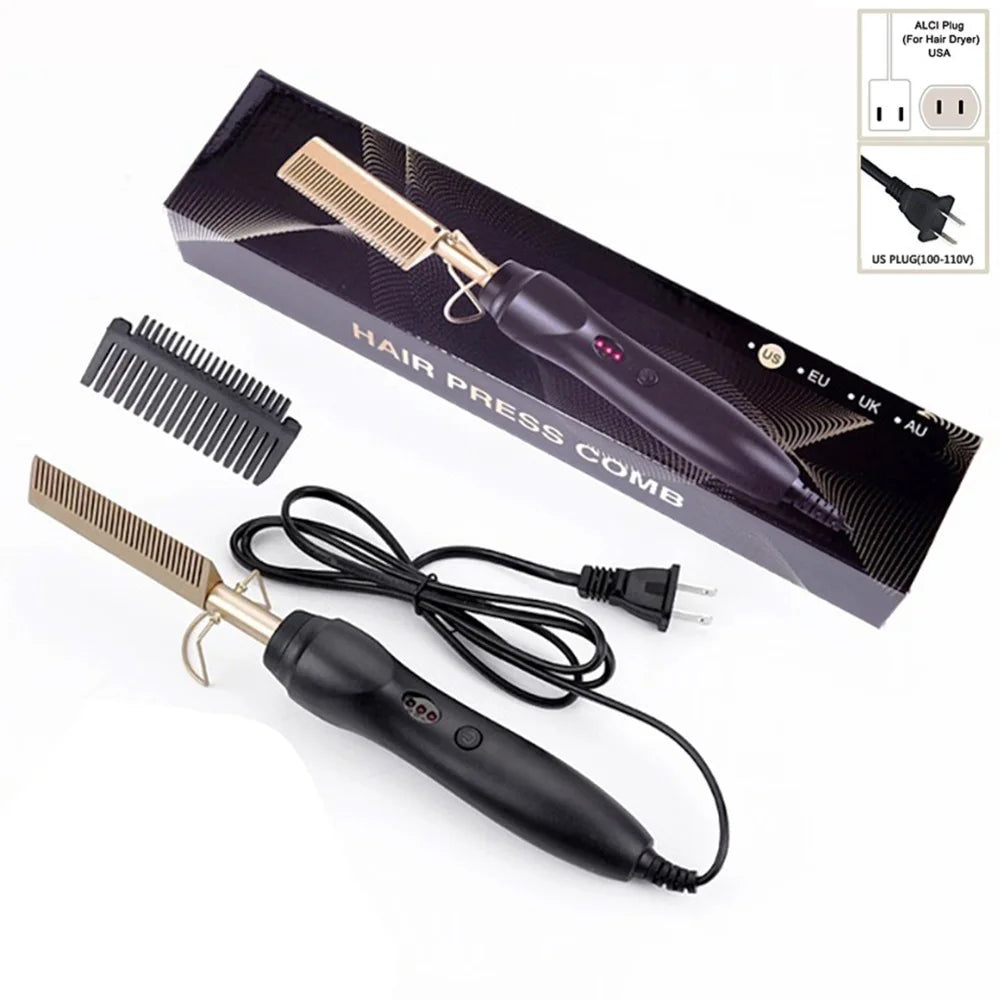 2 in1 Hot Comb Hair Straightener Electric Heating Comb Fast Heating Portable Travel Anti-Scald Beard Straightener Press Hot Comb