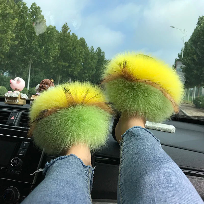 Summer Real Fur Slippers Ladies Indoor Furry Fur Flip Flops Women Plush Fox Fur Slides For Women House Shoes Woman Slipper Beach