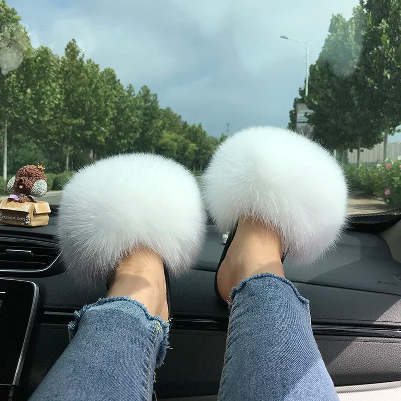 Summer Real Fur Slippers Ladies Indoor Furry Fur Flip Flops Women Plush Fox Fur Slides For Women House Shoes Woman Slipper Beach