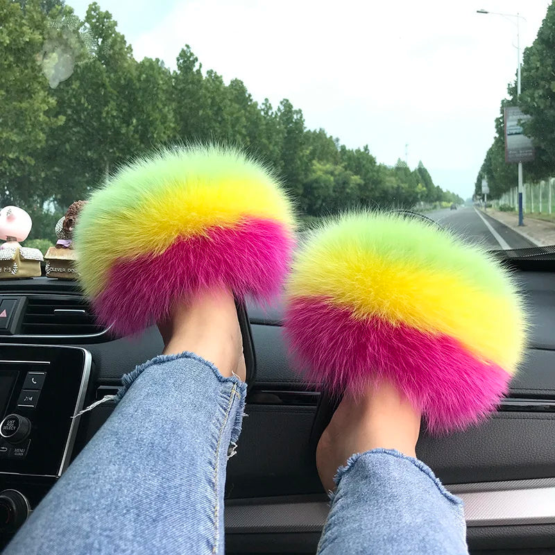 Summer Real Fur Slippers Ladies Indoor Furry Fur Flip Flops Women Plush Fox Fur Slides For Women House Shoes Woman Slipper Beach