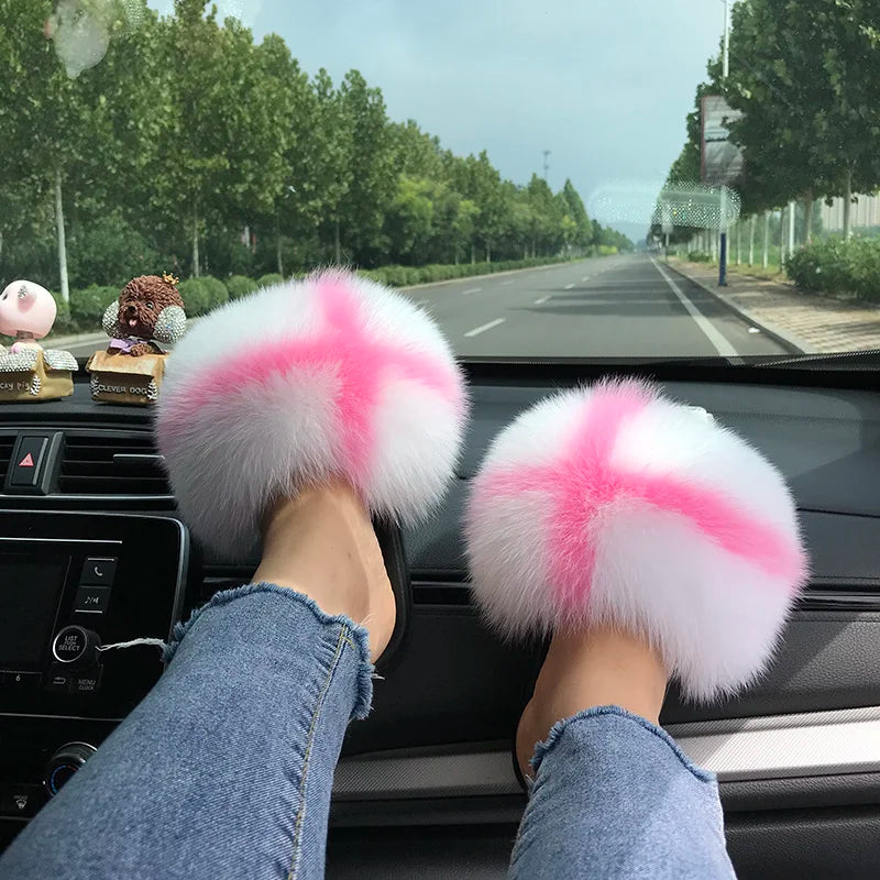 Summer Real Fur Slippers Ladies Indoor Furry Fur Flip Flops Women Plush Fox Fur Slides For Women House Shoes Woman Slipper Beach