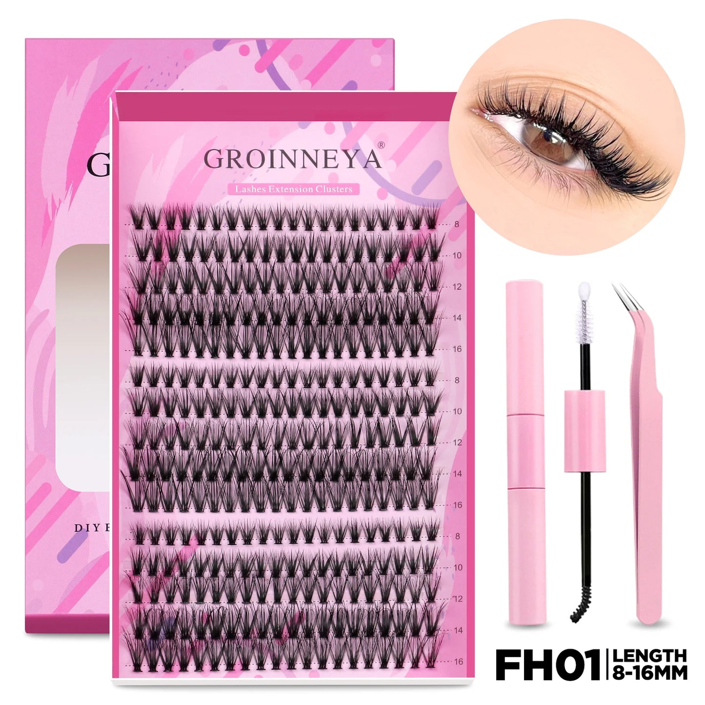 GROINNEYA DIY Lash Extension Kit Individual Lashes Cluster Mix Eyelashes Full Set Lashes Kit with Lash Bond and Seal At Home