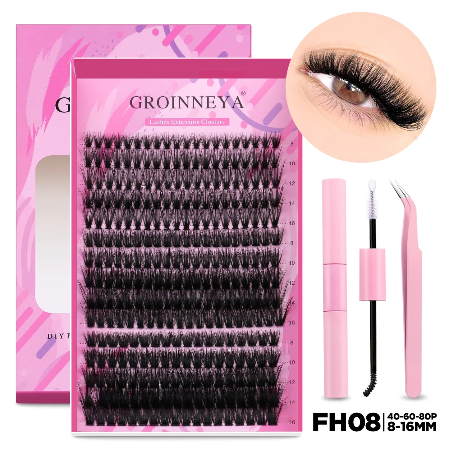 GROINNEYA DIY Lash Extension Kit Individual Lashes Cluster Mix Eyelashes Full Set Lashes Kit with Lash Bond and Seal At Home