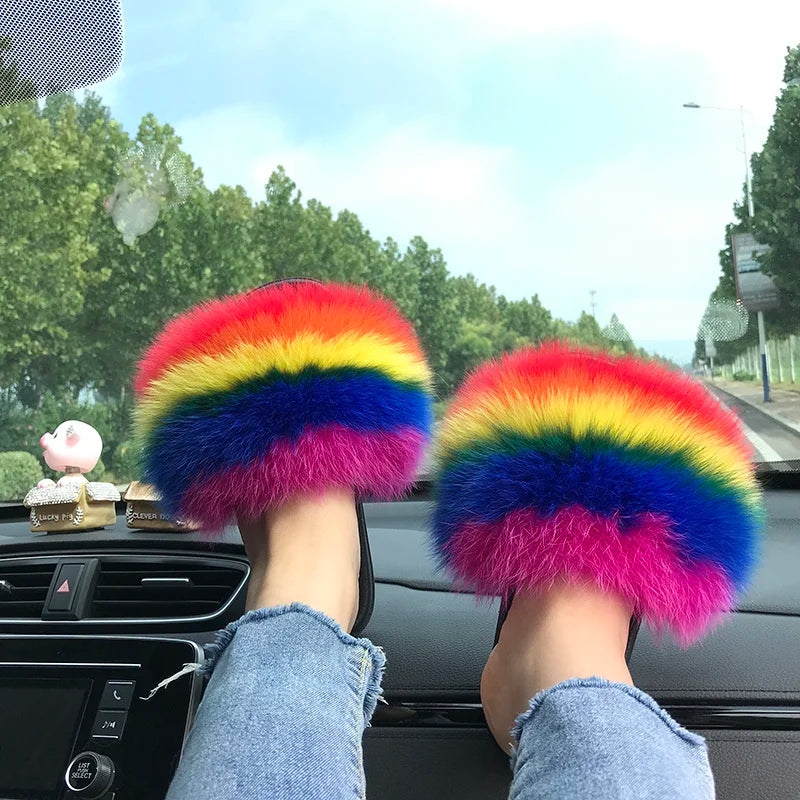 Summer Real Fur Slippers Ladies Indoor Furry Fur Flip Flops Women Plush Fox Fur Slides For Women House Shoes Woman Slipper Beach