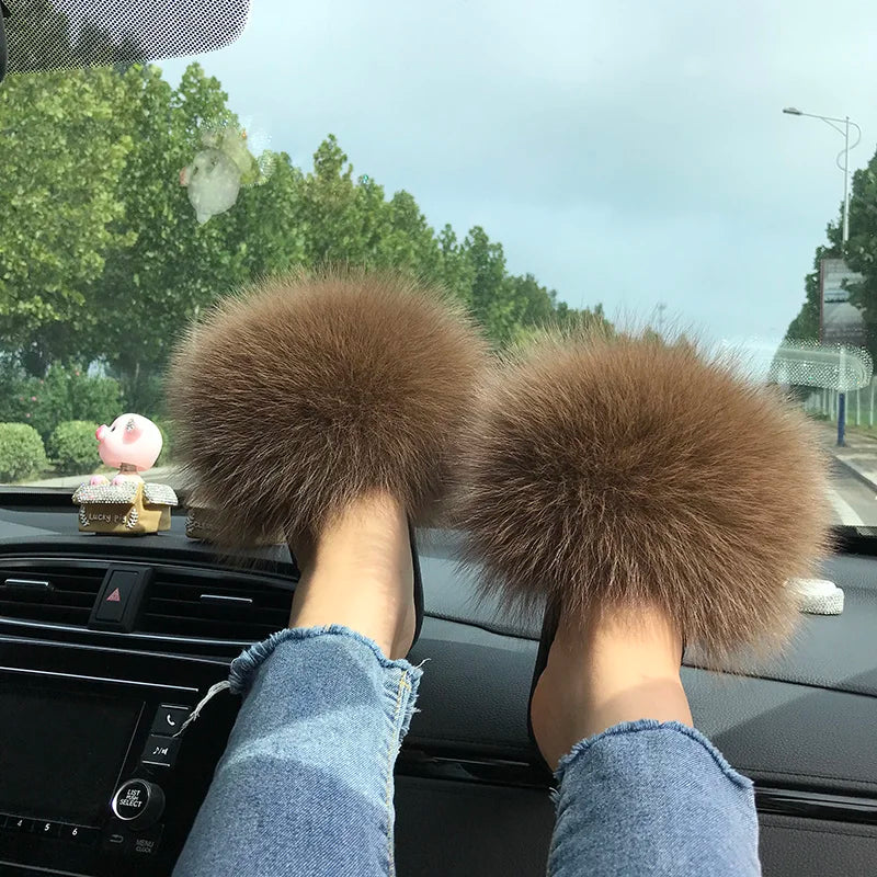 Summer Real Fur Slippers Ladies Indoor Furry Fur Flip Flops Women Plush Fox Fur Slides For Women House Shoes Woman Slipper Beach