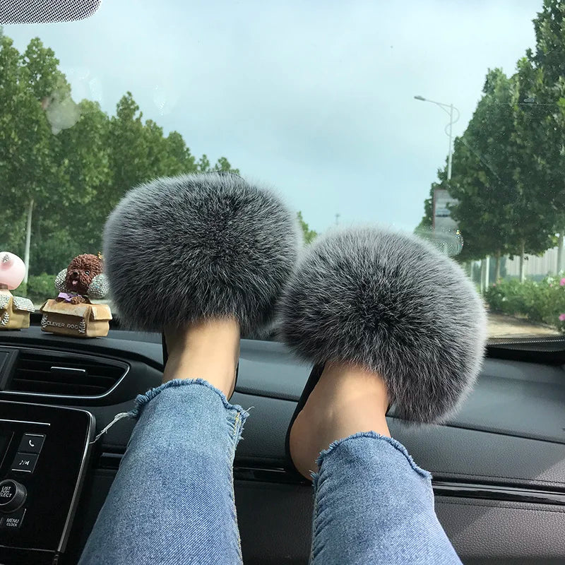 Summer Real Fur Slippers Ladies Indoor Furry Fur Flip Flops Women Plush Fox Fur Slides For Women House Shoes Woman Slipper Beach