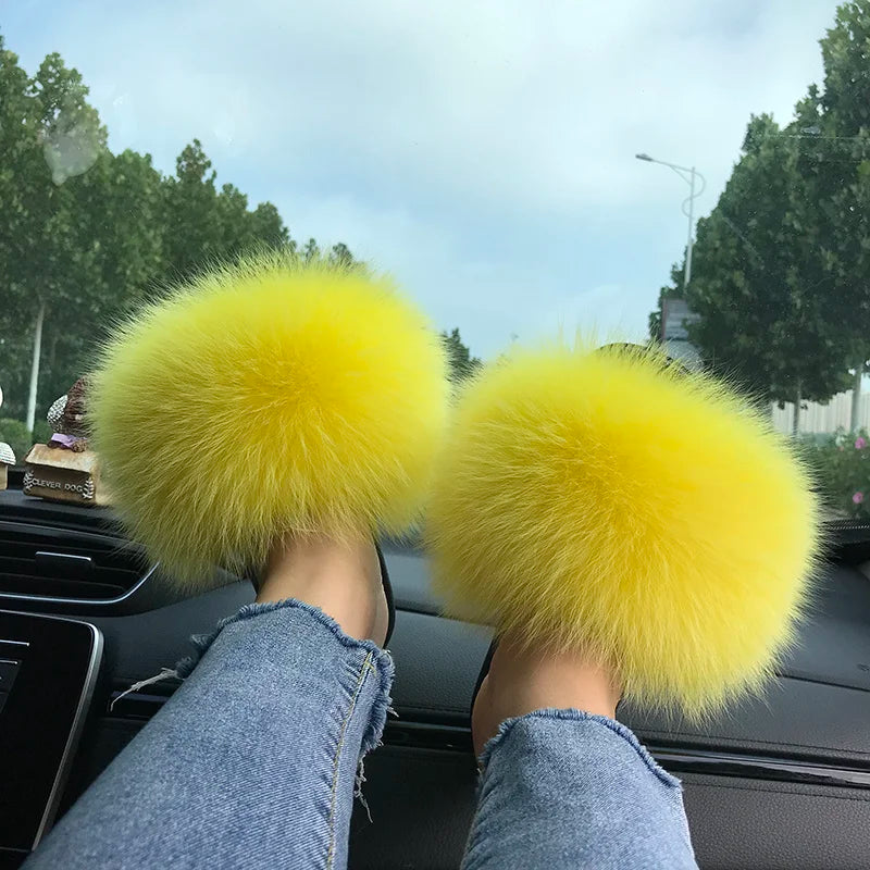 Summer Real Fur Slippers Ladies Indoor Furry Fur Flip Flops Women Plush Fox Fur Slides For Women House Shoes Woman Slipper Beach