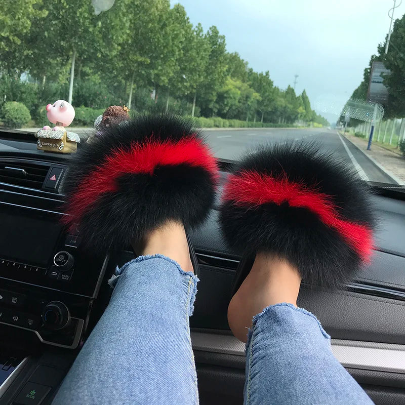 Summer Real Fur Slippers Ladies Indoor Furry Fur Flip Flops Women Plush Fox Fur Slides For Women House Shoes Woman Slipper Beach