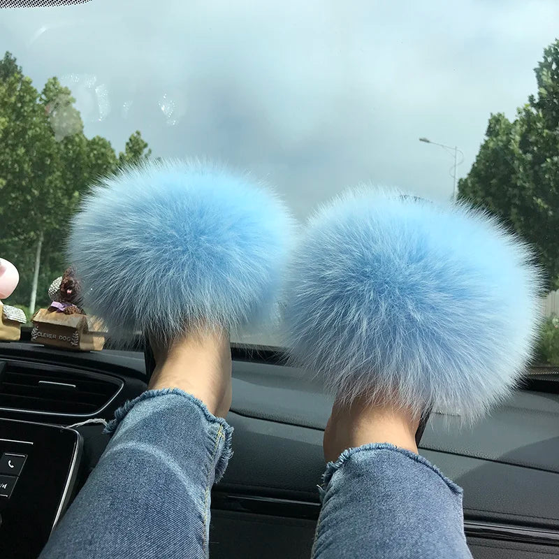 Summer Real Fur Slippers Ladies Indoor Furry Fur Flip Flops Women Plush Fox Fur Slides For Women House Shoes Woman Slipper Beach