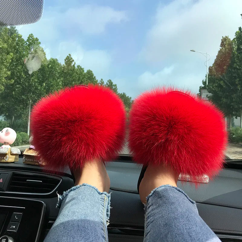 Summer Real Fur Slippers Ladies Indoor Furry Fur Flip Flops Women Plush Fox Fur Slides For Women House Shoes Woman Slipper Beach