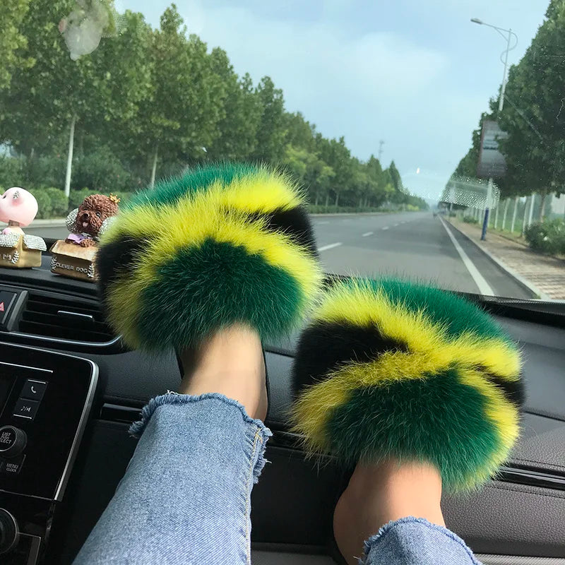 Summer Real Fur Slippers Ladies Indoor Furry Fur Flip Flops Women Plush Fox Fur Slides For Women House Shoes Woman Slipper Beach