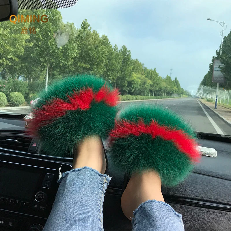 Summer Real Fur Slippers Ladies Indoor Furry Fur Flip Flops Women Plush Fox Fur Slides For Women House Shoes Woman Slipper Beach