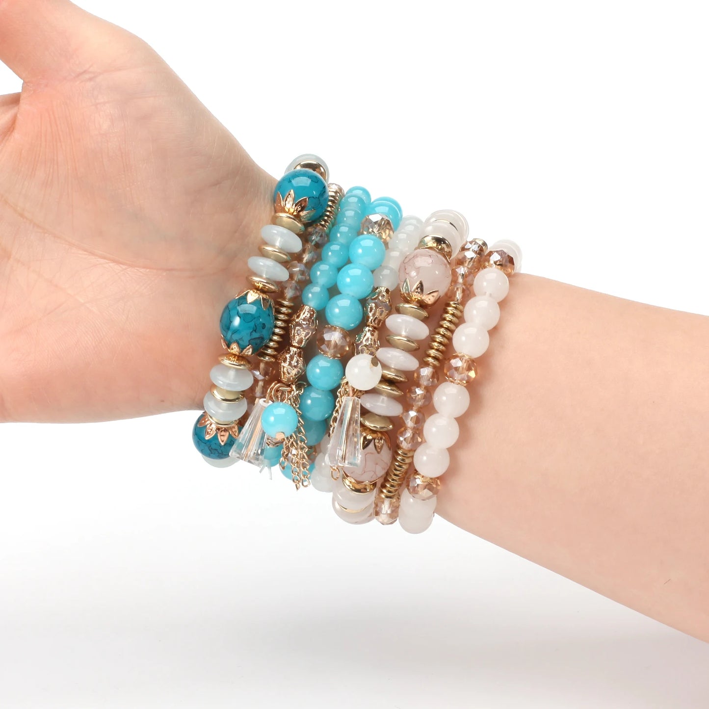 Stackable Bead Bracelets for Women Multilayered Bracelet Pendant Charm Stretch Bangles