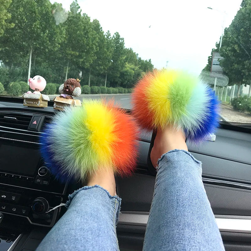 Summer Real Fur Slippers Ladies Indoor Furry Fur Flip Flops Women Plush Fox Fur Slides For Women House Shoes Woman Slipper Beach