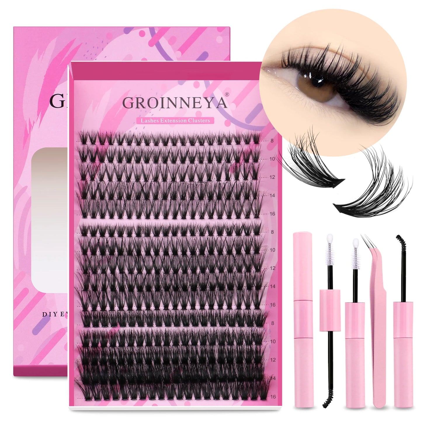 GROINNEYA DIY Lash Extension Kit Individual Lashes Cluster Mix Eyelashes Full Set Lashes Kit with Lash Bond and Seal At Home