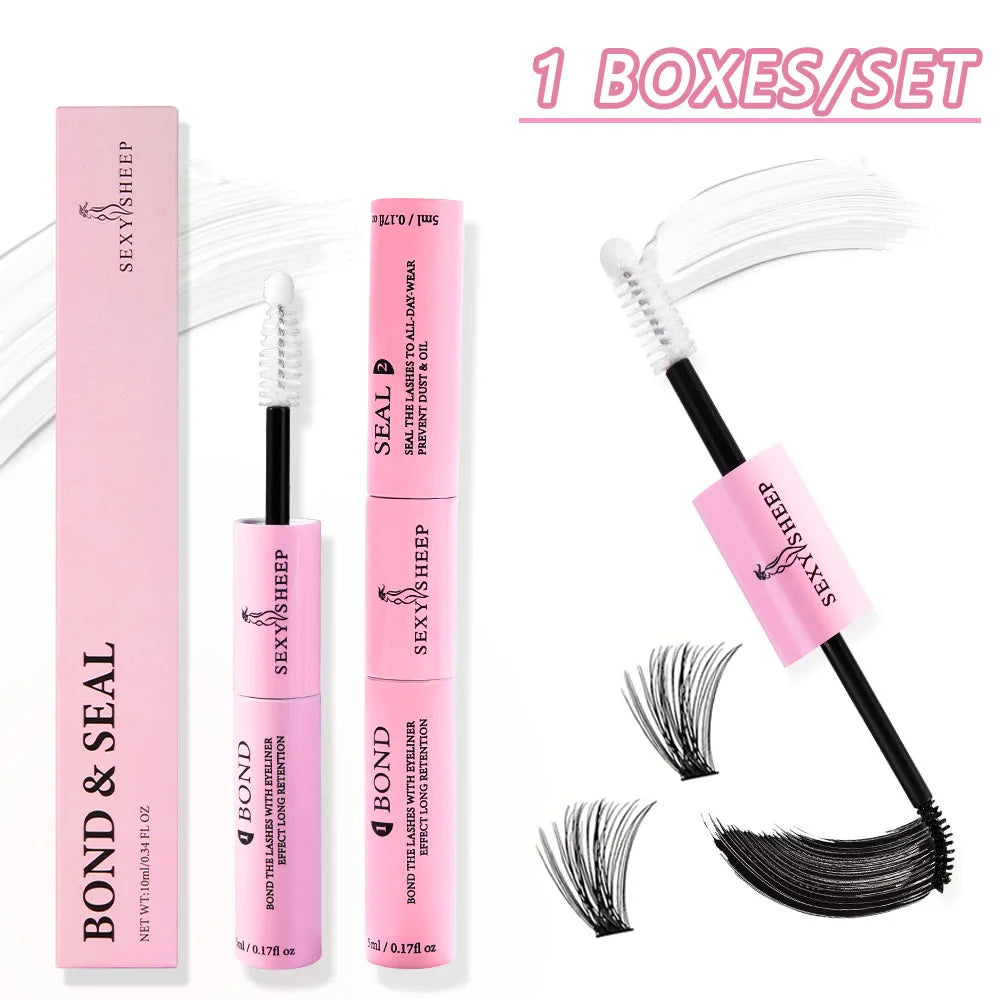 Eyelash Glue and Seal for Eyelash Clusters Strong Fixed  Eyelash Glue Lasting 48H 2 in 1(5ml Black Glue + 5ml Clear Seal)