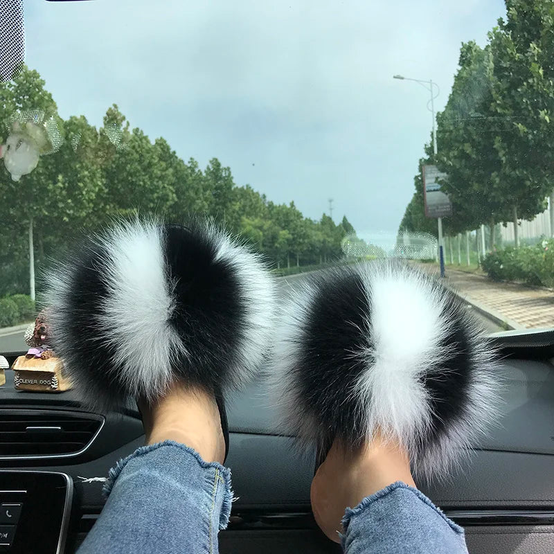 Summer Real Fur Slippers Ladies Indoor Furry Fur Flip Flops Women Plush Fox Fur Slides For Women House Shoes Woman Slipper Beach