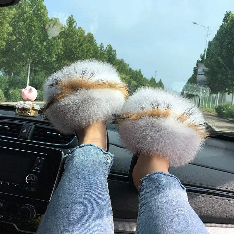 Summer Real Fur Slippers Ladies Indoor Furry Fur Flip Flops Women Plush Fox Fur Slides For Women House Shoes Woman Slipper Beach