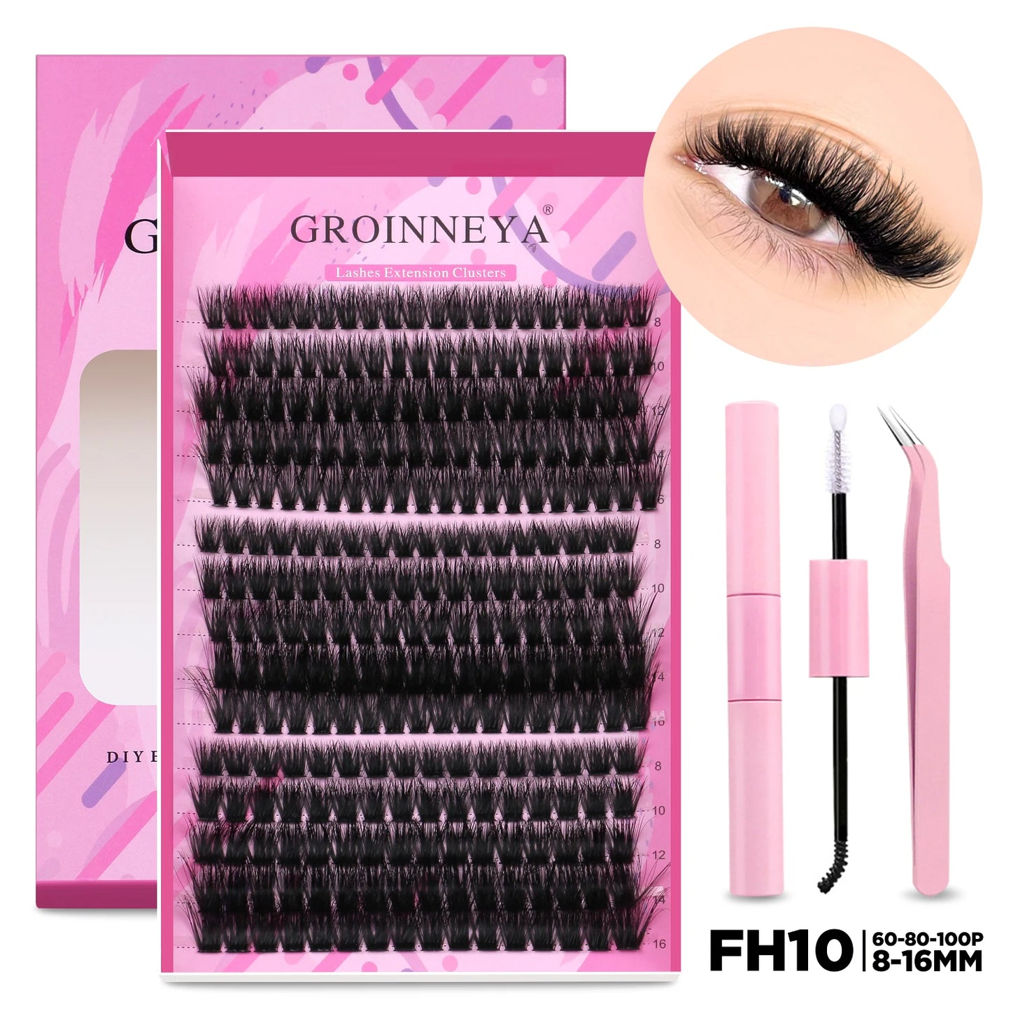 GROINNEYA DIY Lash Extension Kit Individual Lashes Cluster Mix Eyelashes Full Set Lashes Kit with Lash Bond and Seal At Home