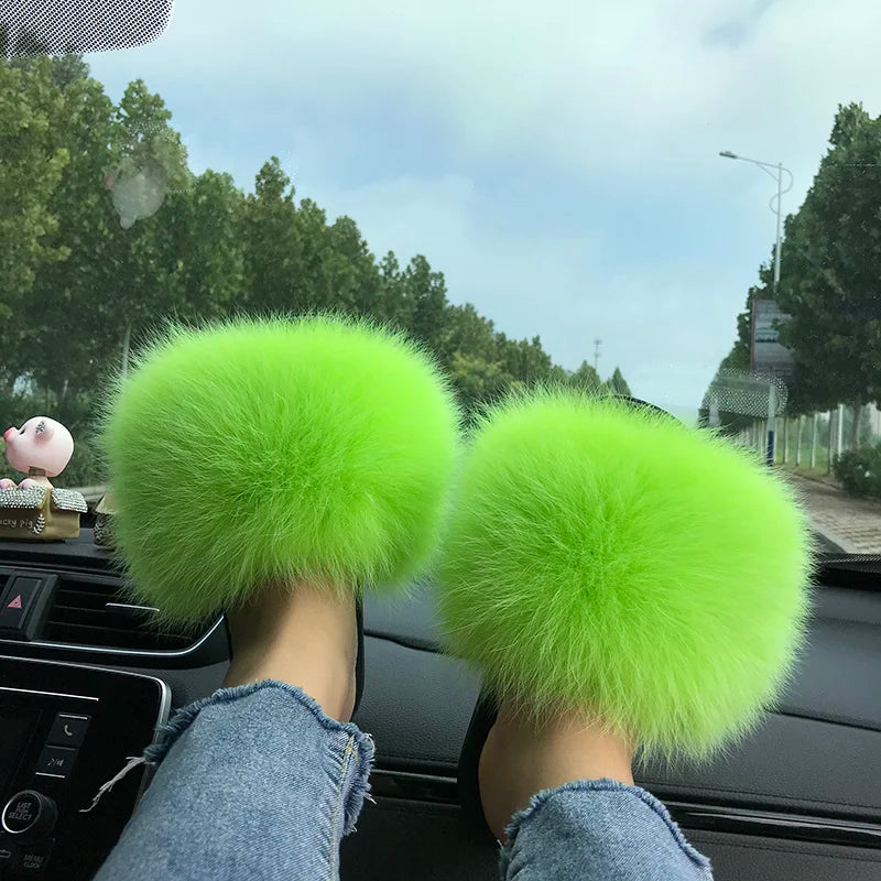 Summer Real Fur Slippers Ladies Indoor Furry Fur Flip Flops Women Plush Fox Fur Slides For Women House Shoes Woman Slipper Beach