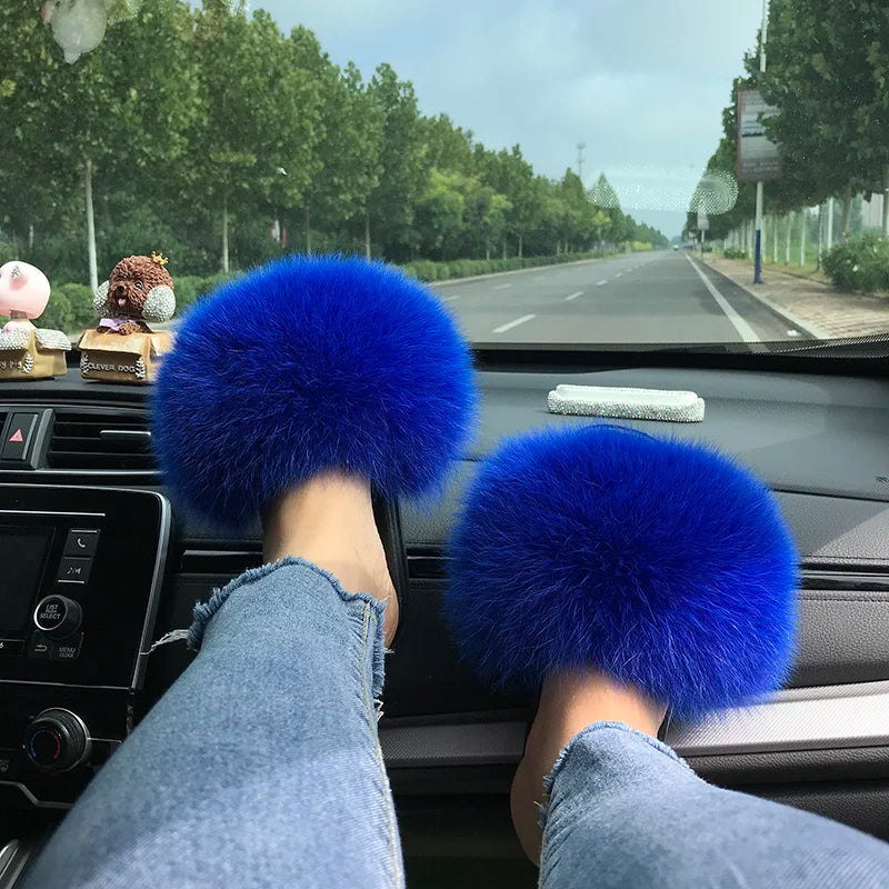 Summer Real Fur Slippers Ladies Indoor Furry Fur Flip Flops Women Plush Fox Fur Slides For Women House Shoes Woman Slipper Beach